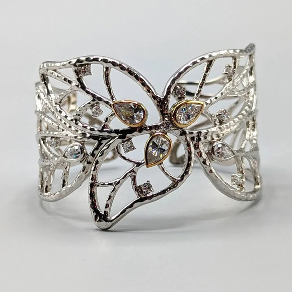 Silver Leaf Filigree Cuff Bracelet w/ 14K Gold Detail Cubic  Zirconia - Picture 1 of 10